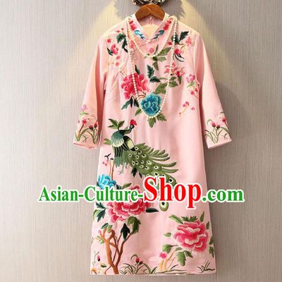 Chinese Traditional National Costume Pink Cheongsam Tangsuit Embroidered Peacock Dress for Women