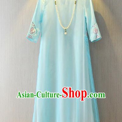Chinese Traditional National Cheongsam Costume Tangsuit Blue Dress for Women