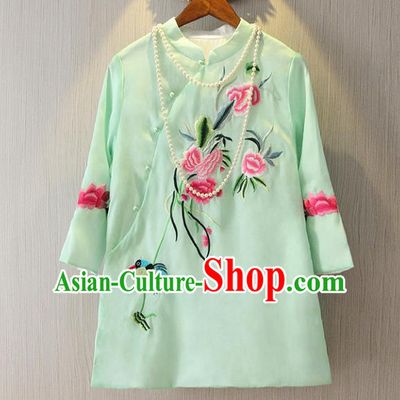 Chinese Traditional National Cheongsam Blouse Costume Embroidered Peony Tangsuit Green Shirts for Women