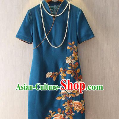 Chinese Traditional National Cheongsam Costume Embroidered Tangsuit Blue Dress for Women