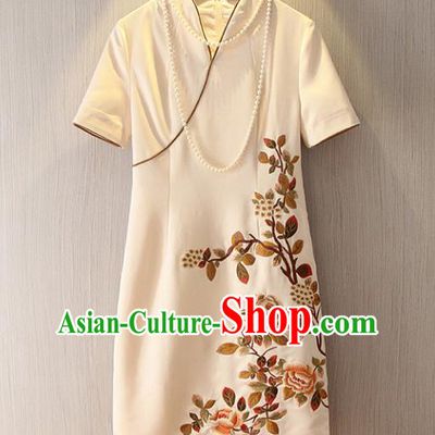Chinese Traditional National Cheongsam Costume Embroidered Tangsuit Beige Dress for Women