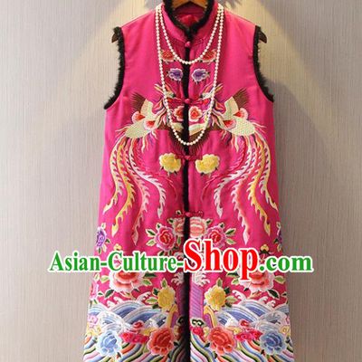 Chinese Traditional National Cheongsam Long Vest Tangsuit Embroidered Phoenix Rosy Waistcoat for Women