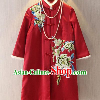 Chinese Traditional National Costume Tangsuit Embroidered Red Cotton-padded Jacket for Women
