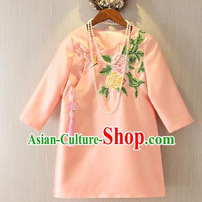 Chinese Traditional National Costume Cheongsam Pink Shirts Tangsuit Embroidered Qipao Blouse for Women