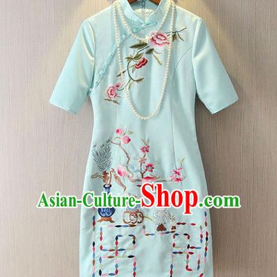 Chinese Traditional National Costume Blue Cheongsam Tangsuit Embroidered Qipao Dress for Women