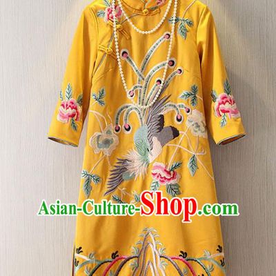 Chinese Traditional National Costume Yellow Cheongsam Tangsuit Embroidered Qipao Dress for Women