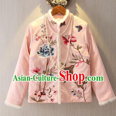 Chinese Traditional National Costume Pink Cheongsam Blouse Tangsuit Embroidered Jacket for Women