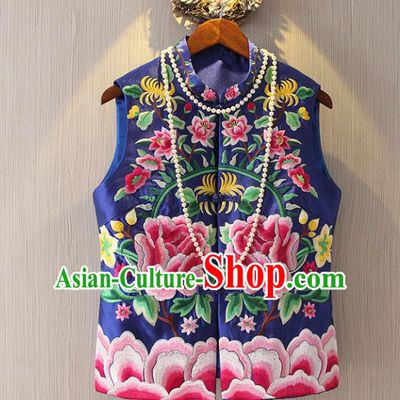 Chinese Traditional National Cheongsam Blue Vest Tangsuit Embroidered Peony Waistcoat for Women
