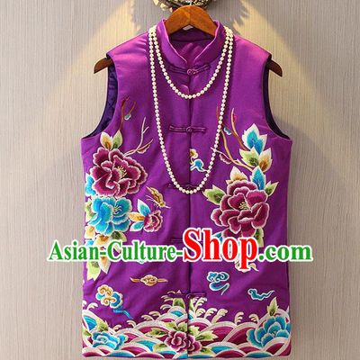 Chinese Traditional National Cheongsam Purple Vest Tangsuit Embroidered Peony Waistcoat for Women