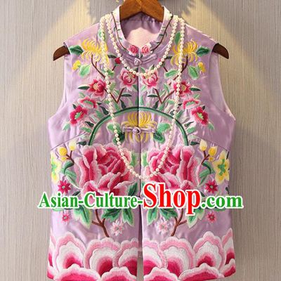 Chinese Traditional National Cheongsam Lilac Vest Tangsuit Embroidered Peony Waistcoat for Women