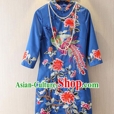 Chinese Traditional National Costume Tangsuit Embroidered Phoenix Peony Blue Cheongsam Dress for Women