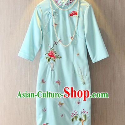 Chinese Traditional National Costume Tangsuit Embroidered Blue Cheongsam Dress for Women