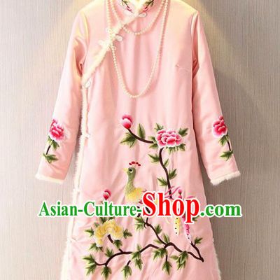 Chinese Traditional National Costume Pink Qipao Tangsuit Embroidered Cheongsam Dress for Women