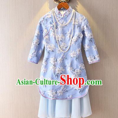 Chinese Traditional National Costume Stand Collar Blue Cheongsam Tangsuit Embroidered Qipao Dress for Women