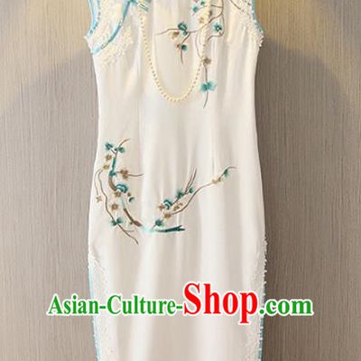 Chinese Traditional National Costume White Qipao Tangsuit Embroidered Cheongsam Dress for Women