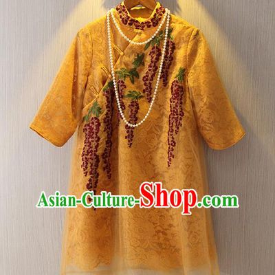 Chinese Traditional National Costume Yellow Lace Cheongsam Tangsuit Embroidered Qipao Dress for Women