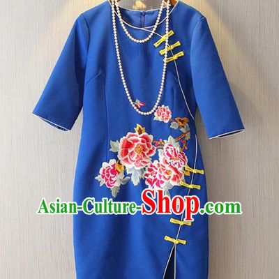Chinese Traditional National Costume Blue Cheongsam Tangsuit Embroidered Peony Qipao Dress for Women