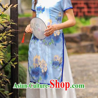 Chinese Traditional National Costume Printing Cheongsam Tangsuit Qipao Dress for Women