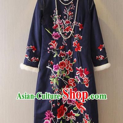 Chinese Traditional National Costume Embroidered Navy Cheongsam Tangsuit Qipao Dress for Women