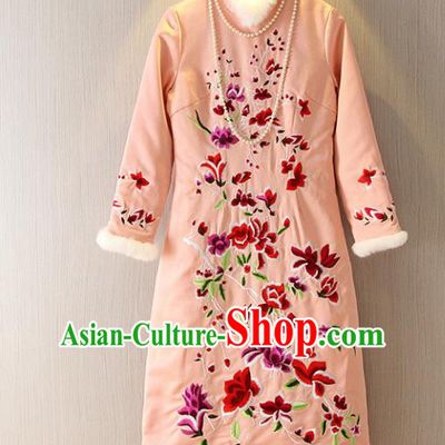 Chinese Traditional National Costume Embroidered Pink Cheongsam Tangsuit Qipao Dress for Women