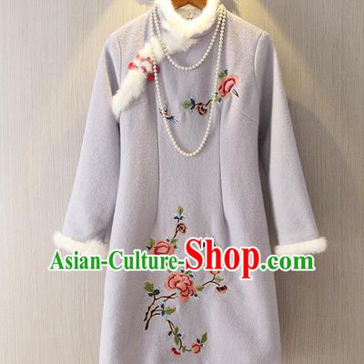Chinese Traditional National Costume Embroidered Grey Cheongsam Tangsuit Qipao Dress for Women