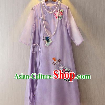 Chinese Traditional National Costume Embroidered Purple Cheongsam Tangsuit Qipao Dress for Women