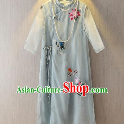Chinese Traditional National Costume Embroidered Light Blue Cheongsam Tangsuit Qipao Dress for Women