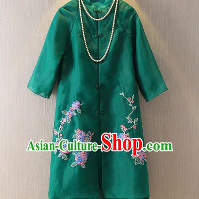 Chinese Traditional National Costume Green Coats Tangsuit Embroidered Cheongsam Dust Coat for Women
