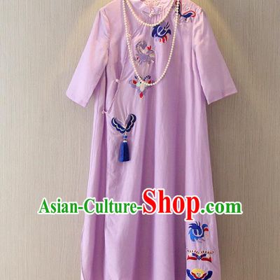 Chinese Traditional National Costume Purple Qipao Tangsuit Embroidered Butterfly Cheongsam Dress for Women