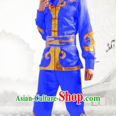 Traditional Chinese Yangge Dance Fan Dance Costume, Folk Drum Dance Dragon Boat Blue Uniform Yangko Clothing for Men