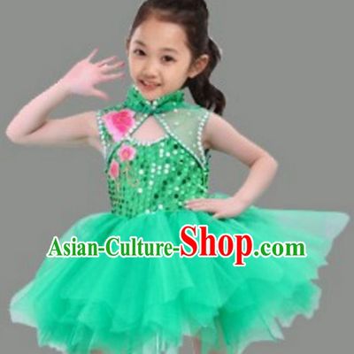 Chinese Classical Stage Performance Dance Costume, Children Chorus Modern Dance Green Dress for Kids