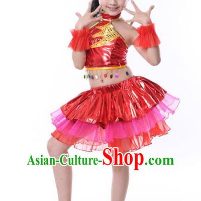 Chinese Classical Stage Performance Jazz Dance Costume, Children Modern Dance Red Bubble Dress for Kids