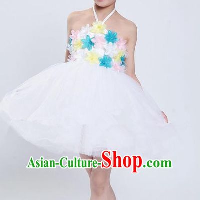 Chinese Classical Stage Performance Modern Dance Costume, Children Dance White Bubble Dress for Kids