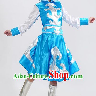 Traditional Chinese Mongol Nationality Dance Costume, Mongols Folk Dance Blue Dress for Women