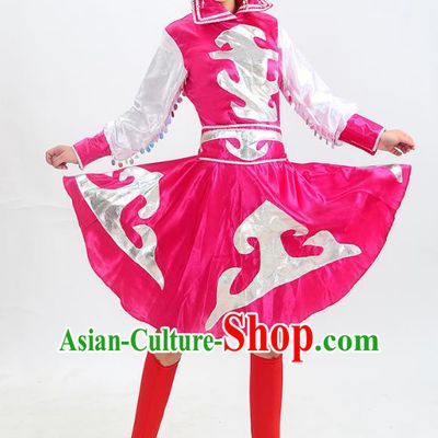 Traditional Chinese Mongol Nationality Dance Costume, Mongols Folk Dance Rosy Dress for Women