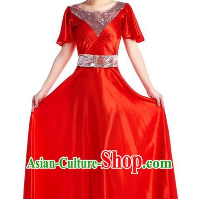 Chinese Classic Stage Performance Chorus Singing Group Costume, Chorus Competition Red Dress for Women