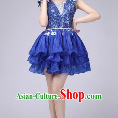 Chinese Classic Stage Performance Costume Modern Dance Blue Bubble Dress for Women