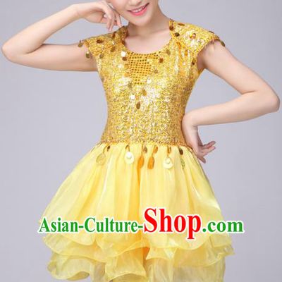 Chinese Classic Stage Performance Costume Modern Dance Yellow Bubble Dress for Women