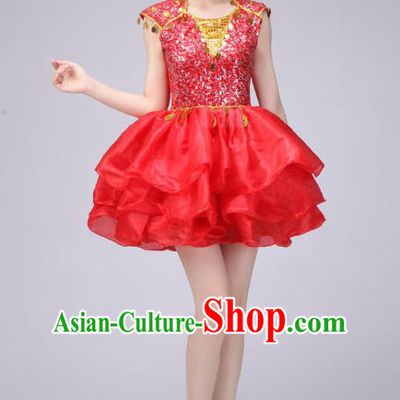 Chinese Classic Stage Performance Costume Modern Dance Red Bubble Dress for Women