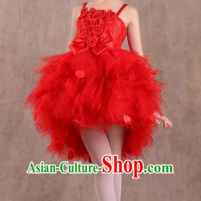 Top Grade Children Stage Performance Compere Costume, Professional Chorus Singing Group Red Bubble Dress for Kids