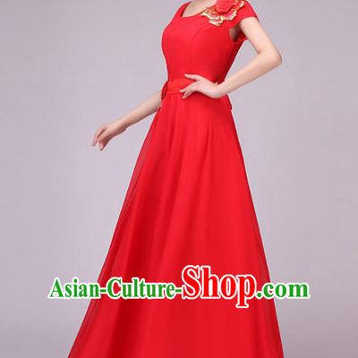 Traditional Chinese Modern Dance Compere Costume, Chorus Singing Group Dance Red Dress for Women