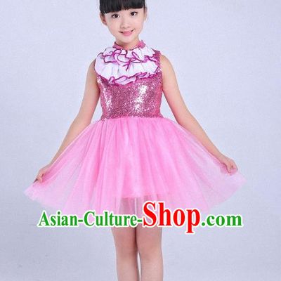 Children Modern Dance Compere Costume Pink Dress, Chorus Singing Group Girls Clothing for Kids