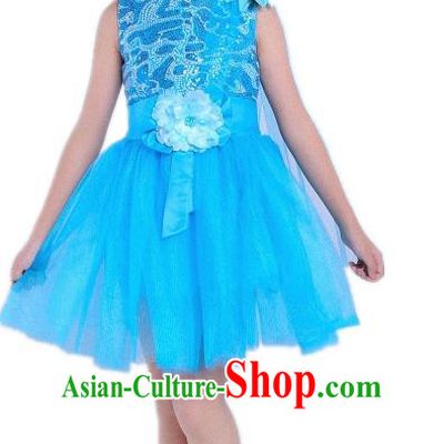 Children Modern Dance Compere Costume Blue Bubble Dress, Chorus Singing Group Girls Clothing for Kids