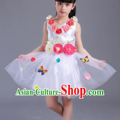 Top Grade Flower Faerie Modern Dance Costume, Children Chorus Singing Group Dance White Dress for Kids