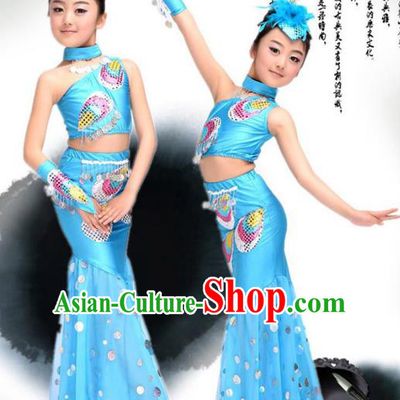 Traditional Chinese Ethnic Nationality Pavane Costume, Chinese Peacock Dance Blue Clothing for Kids