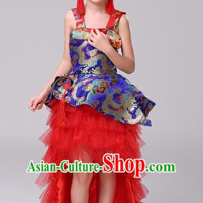 Top Grade Stage Performance Dance Costume, Professional Modern Dance Blue Trailing Dress for Kids