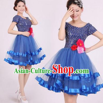 Top Grade Stage Performance Dance Chorus Costume, Professional Modern Dance Blue Bubble Dress for Women