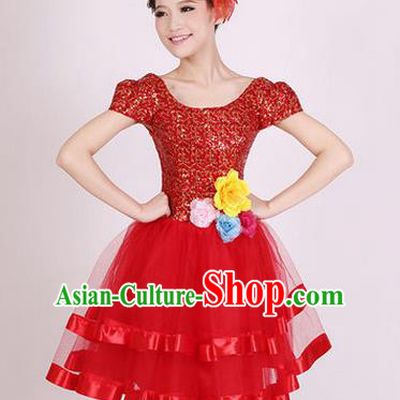 Top Grade Stage Performance Dance Chorus Costume, Professional Modern Dance Red Bubble Dress for Women