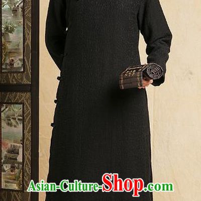 Top Grade Kung Fu Costume Martial Arts Training Plated Buttons Black Long Gown Gongfu Wushu Tang Suit Clothing for Men