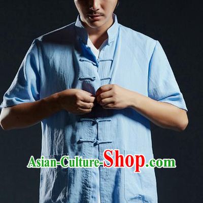 Chinese Kung Fu Costume Martial Arts Plated Buttons Blue Shirts Gongfu Wushu Tang SuitsTai Chi Clothing for Men